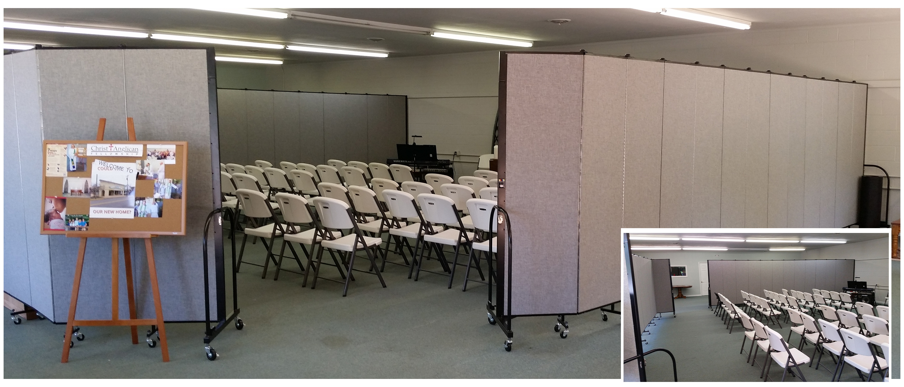 Church folding walls create Sunday school classrooms in a fellowship hall