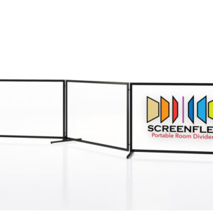 three panel clear acrylic barricade with Screenflex logo on it