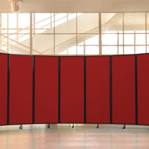 Red Full Motion Divider in lobby configured in a semi circle.
