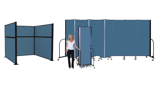 Lady Standing in front of Officeflex cubicle and Signature Room Divider. She is also standing next to another divider that is fully closed.