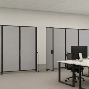 Two Gray Straightflex Room Divider in office space with swing door attached to one divider.