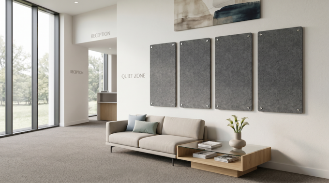 Modern office reception area with a sofa, wall-mounted acoustic panels, and a “Quiet Zone” sign next to large windows.