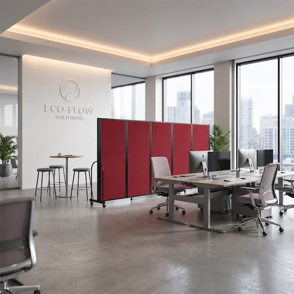 Modern office with a red portable room divider, workstations, large windows, and city views.
