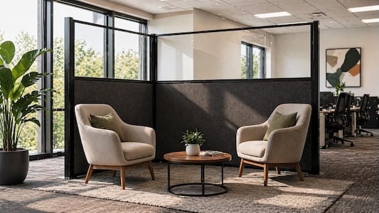 Modern office collaboration space with two lounge chairs and a round table enclosed by modular privacy panels with clear upper sections, set beside large windows.
